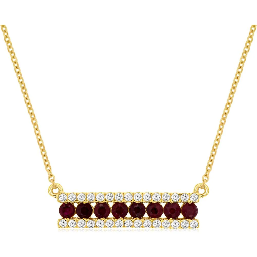 14K Yellow Gold Ruby and Diamond Bar Necklace - 0.44 Carat Ruby Total Weight, 0.19 Carat Diamond Total Weight - Royal Jewelry