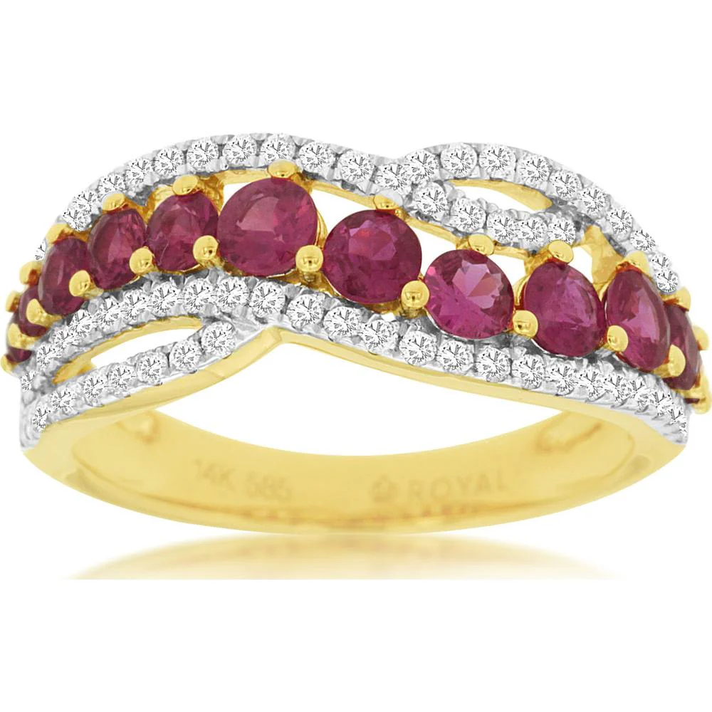 14K Yellow Gold Ruby and Diamond Contour Band with Round Cut Rubies and Round Diamond Accents - 1.00 Carat Ruby Total Weight, 0.43 Carat Diamond Total Weight - Royal Jewelry