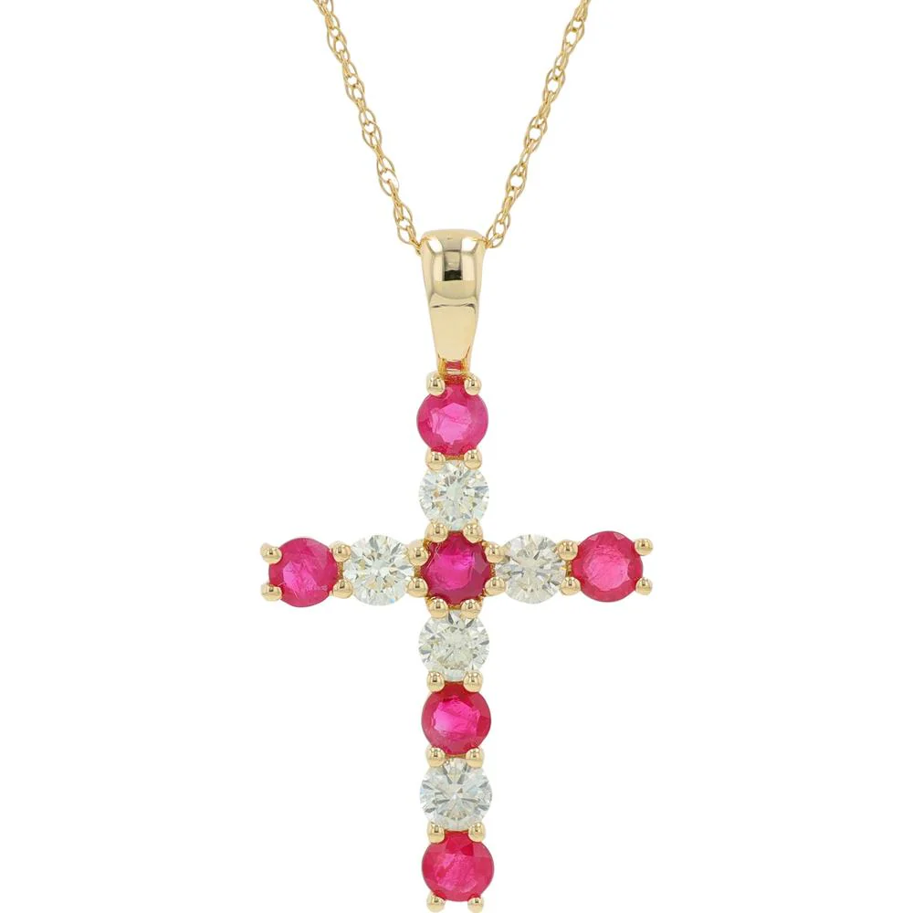 14K Yellow Gold Ruby and Diamond Cross Pendant - 0.80 Carat Ruby, 0.50 Carat Diamond Total Weight