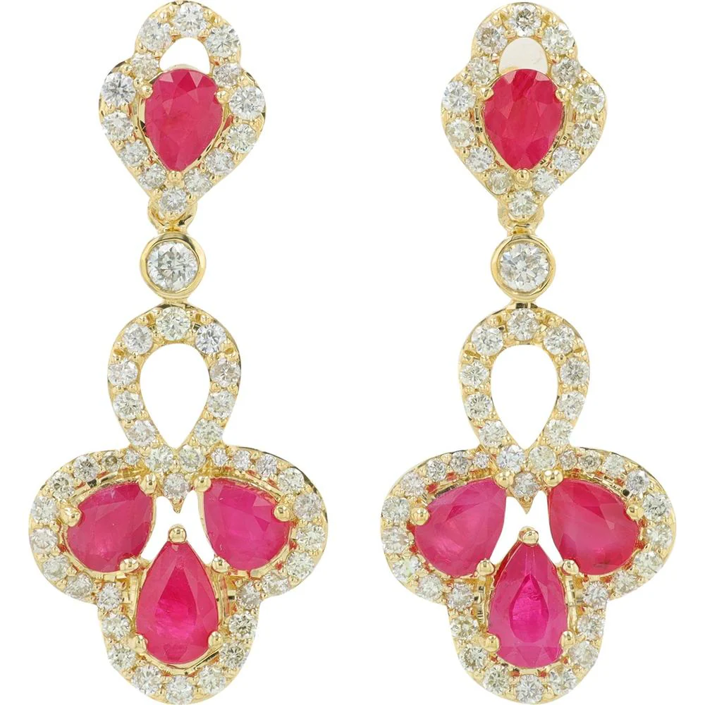 14K Yellow Gold Ruby and Diamond Dangle Earrings with Pear - Shaped Rubies and Diamond Halos - 1.75 Carat Total Ruby Weight, 0.70 Carat Total Diamond Weight