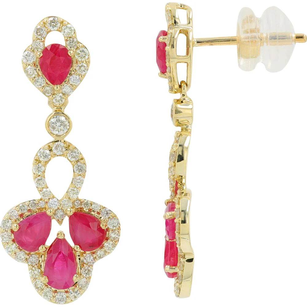 14K Yellow Gold Ruby and Diamond Dangle Earrings with Pear - Shaped Rubies and Diamond Halos - 1.75 Carat Total Ruby Weight, 0.70 Carat Total Diamond Weight - Image 2