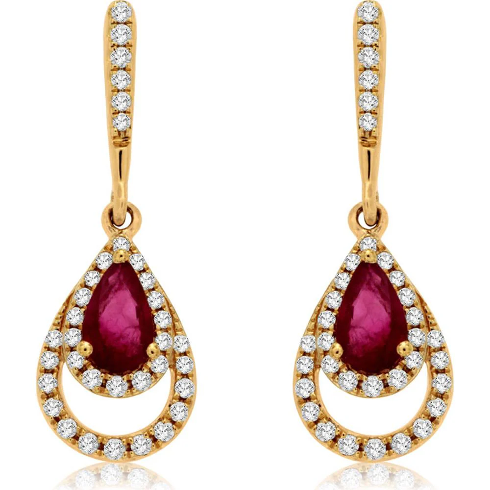 14K Yellow Gold Ruby and Diamond Drop Earrings - 0.88 Carats Total Gemstone Weight - Royal Jewelry