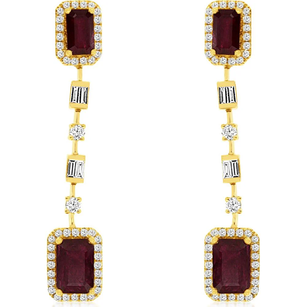 14K Yellow Gold Ruby & Diamond Drop Earrings - 2.32 Carats Total Ruby Weight, 0.32 Carats Total Diamond Weight - Royal Jewelry