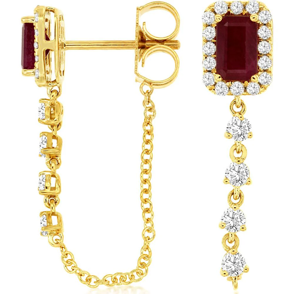 14K Yellow Gold Ruby and Diamond Drop Earrings with Emerald-Cut Ruby Halos and Round Diamond Drops - 0.70 Carat Total Ruby Weight and 0.40 Carat Total Diamond Weight - Royal Jewelry