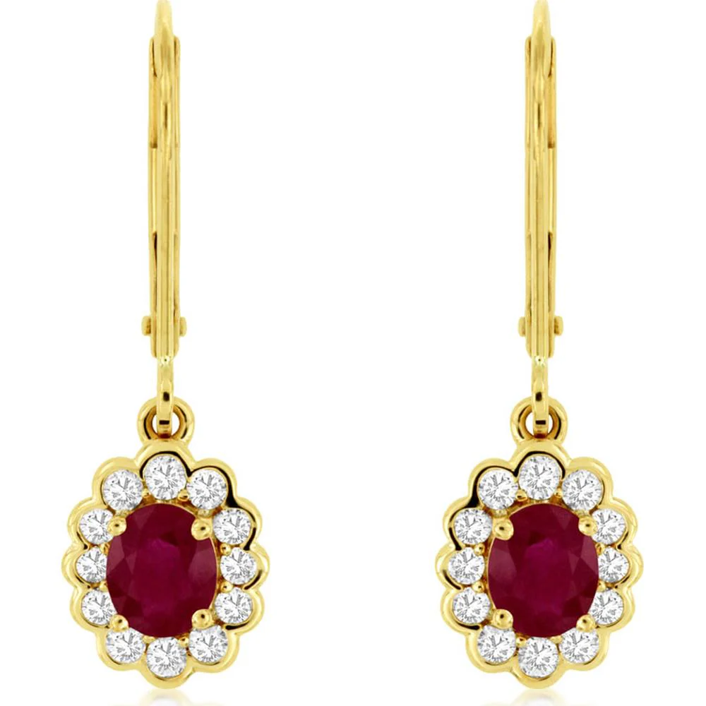 14K Yellow Gold Ruby and Diamond Floral Halo Drop Earrings - 0.33 Carat Total Diamond Weight, 0.80 Carat Total Ruby Weight - Royal Jewelry