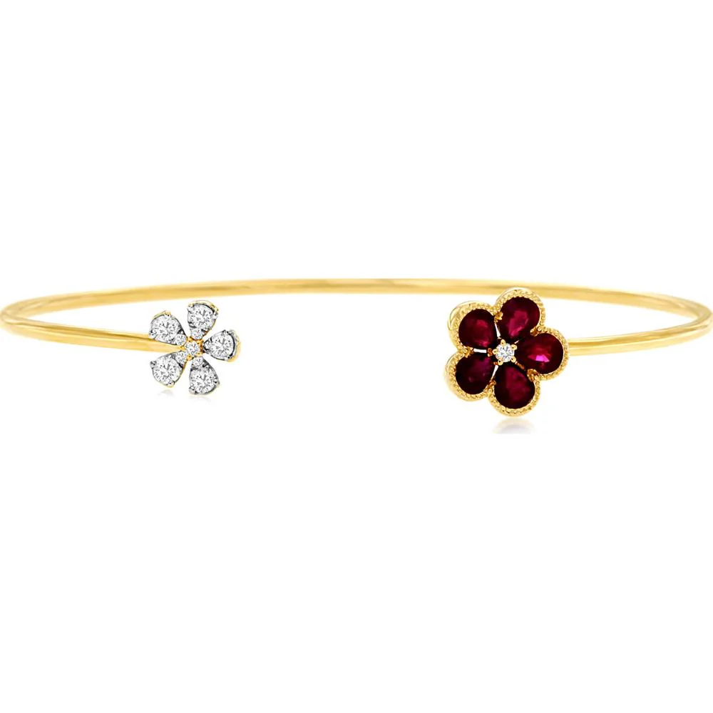 14K Yellow Gold Ruby and Diamond Flower Bangle with Pear-Shaped Rubies and Diamonds - 0.75 Carat Ruby Weight and 0.21 Carat Diamond Weight - Royal Jewelry