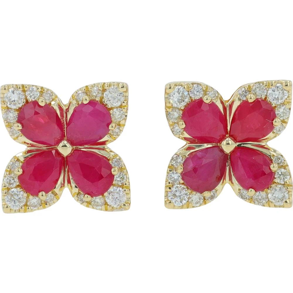14K Yellow Gold Ruby and Diamond Flower Stud Earrings - 1.50 Carat Total Ruby Weight, 0.25 Carat Total Diamond Weight