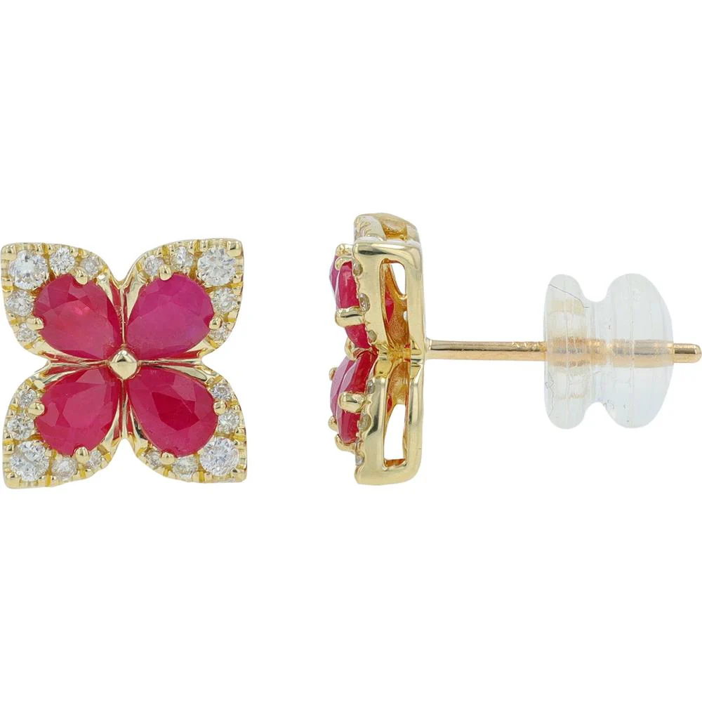 14K Yellow Gold Ruby and Diamond Flower Stud Earrings - 1.50 Carat Total Ruby Weight, 0.25 Carat Total Diamond Weight - Image 2