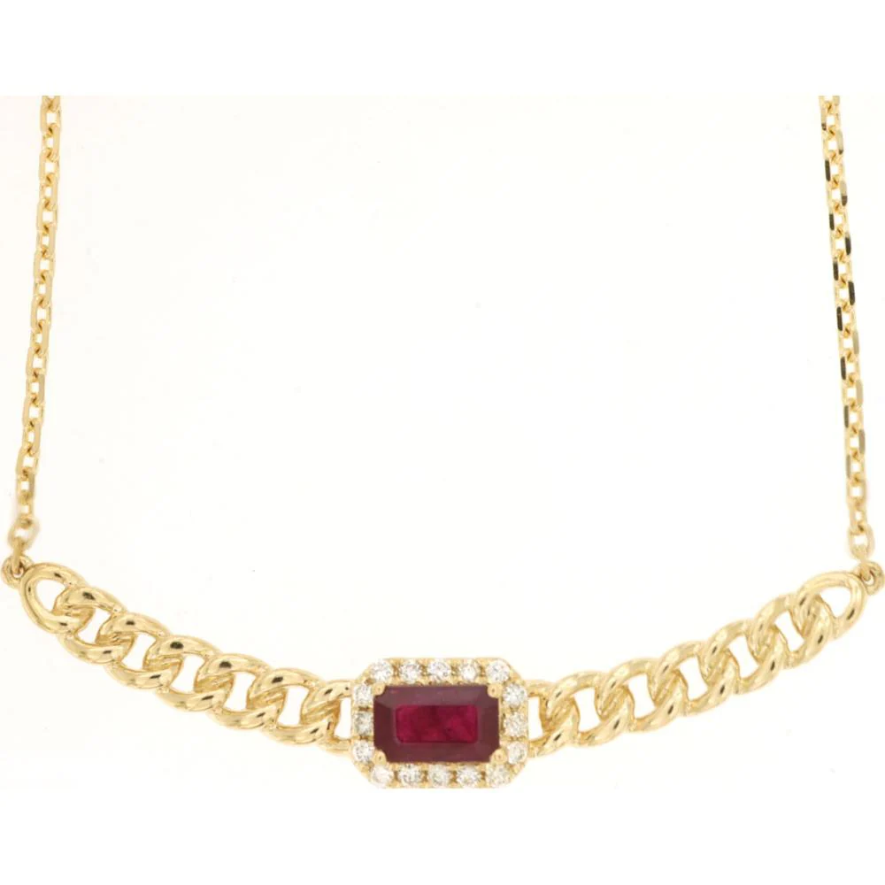 14K Yellow Gold Ruby & Diamond Halo Necklace with Emerald Cut Center and Fancy Curb Links - 0.35 Carat Ruby, 0.07 Carat Diamond Total Weight - Royal Jewelry
