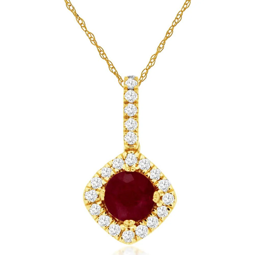 14K Yellow Gold Ruby & Diamond Halo Pendant - 0.47 Carats Ruby & 0.16 Carats Diamond Weight - Royal Jewelry