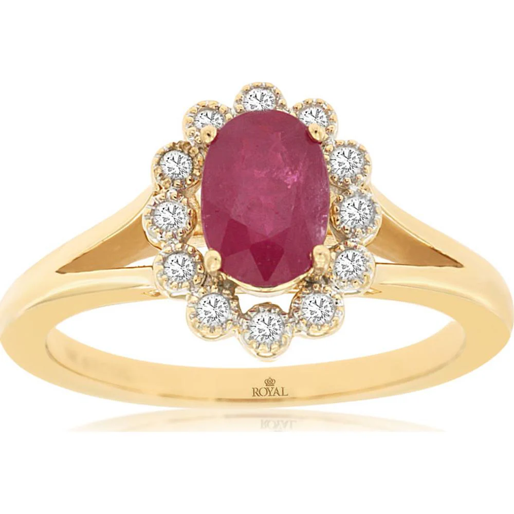 14K Yellow Gold Ruby & Diamond Halo Ring - 0.90 Carats Ruby, 0.12 Carats Diamond Weight - Royal Jewelry