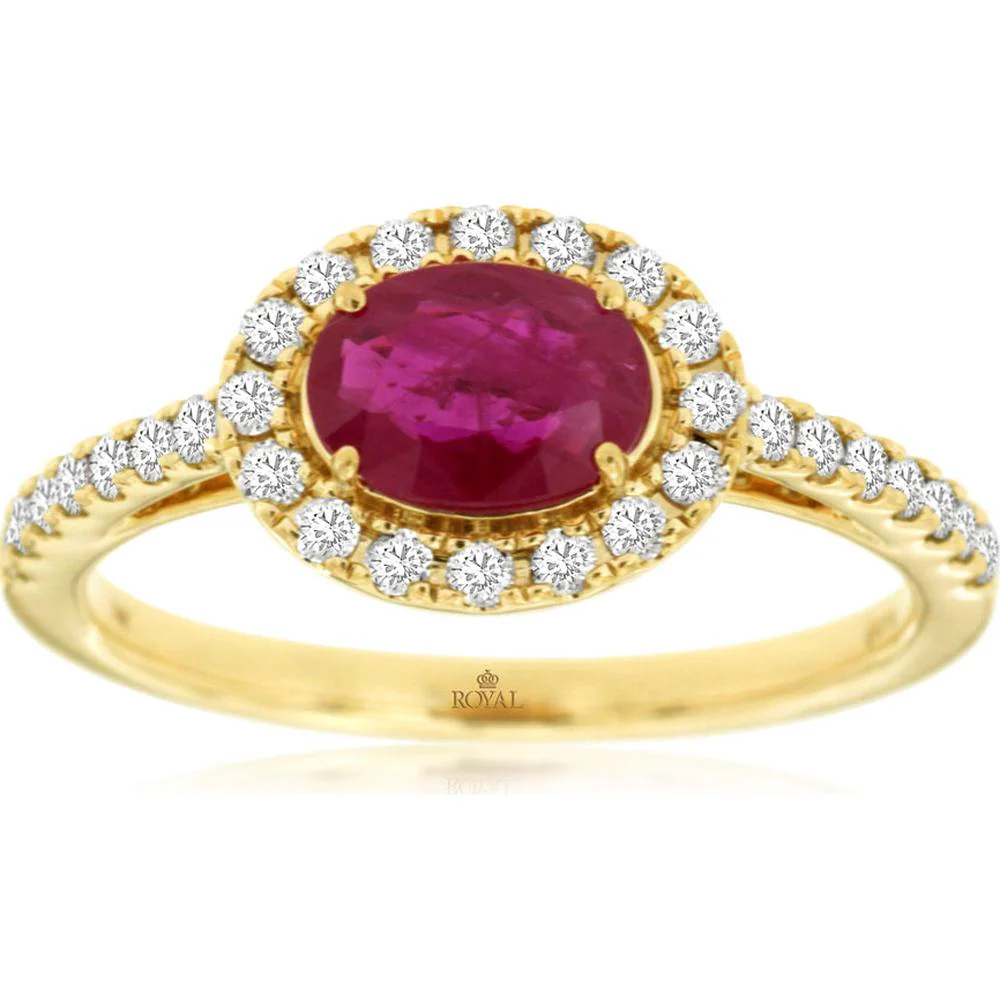 14K Yellow Gold Ruby and Diamond Halo Ring - 1.23 Carats Total Gem Weight - Royal Jewelry
