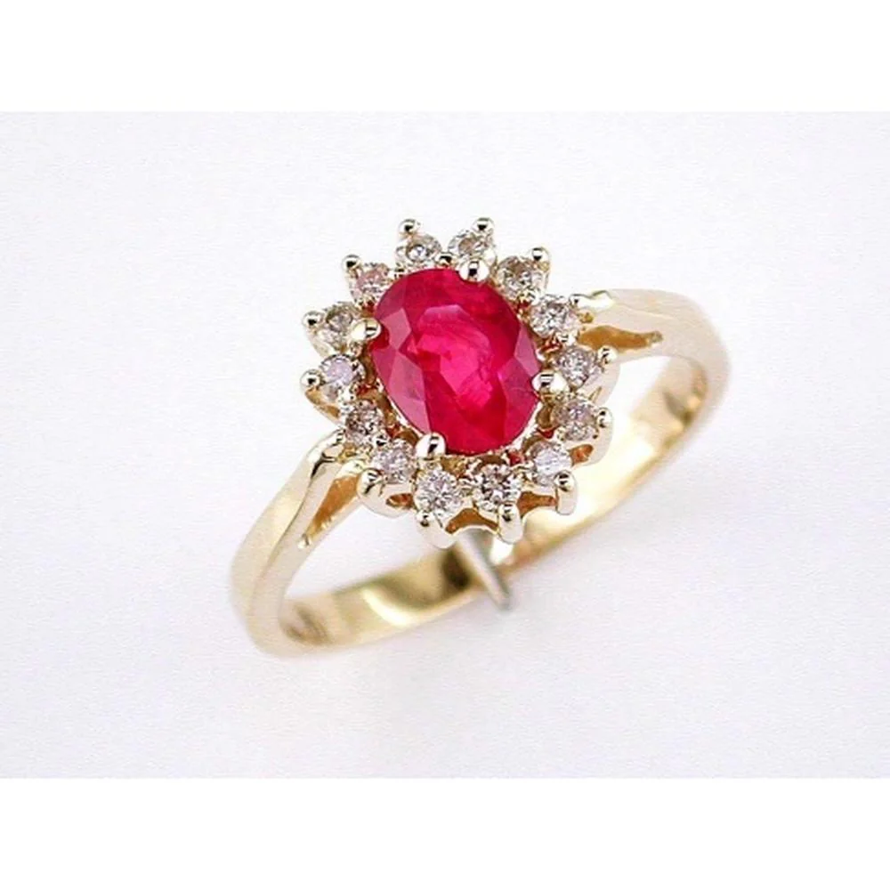 14K Yellow Gold Ruby & Diamond Halo Ring with 0.85 Carats Oval Ruby and Round Brilliant Diamonds - Royal Jewelry