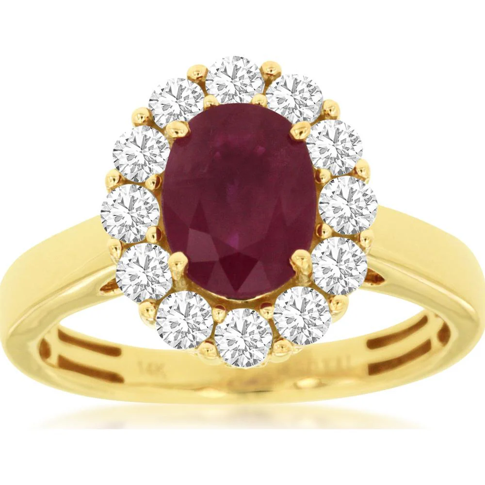 14K Yellow Gold Ruby & Diamond Halo Ring with 1.25 Carats Oval Ruby and 0.75 Carats Total Diamond Weight - Royal Jewelry