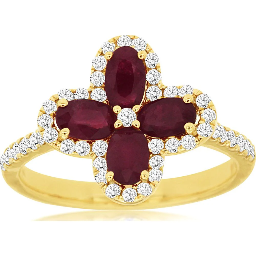 14K Yellow Gold Ruby & Diamond Halo Ring with Oval Rubies - 1.28 Carats Total Gem Weight - Royal Jewelry