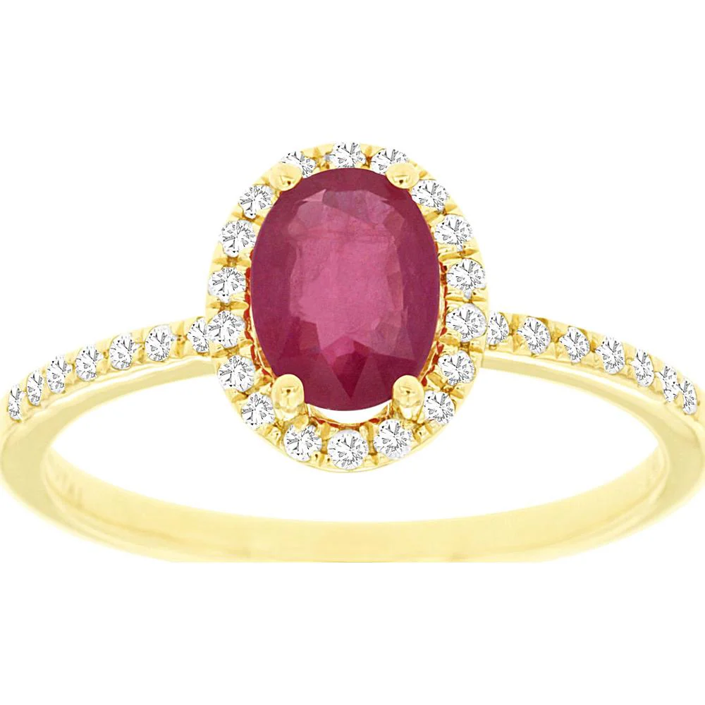 14K Yellow Gold Ruby & Diamond Halo Ring with Oval Ruby - 1.07 Carats Total Gem Weight - Royal Jewelry