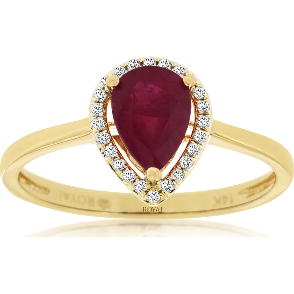 14K Yellow Gold Ruby & Diamond Halo Ring with Pear-Shaped Ruby - 0.75 Carats Ruby Weight, 0.08 Carats Diamond Weight - Royal Jewelry