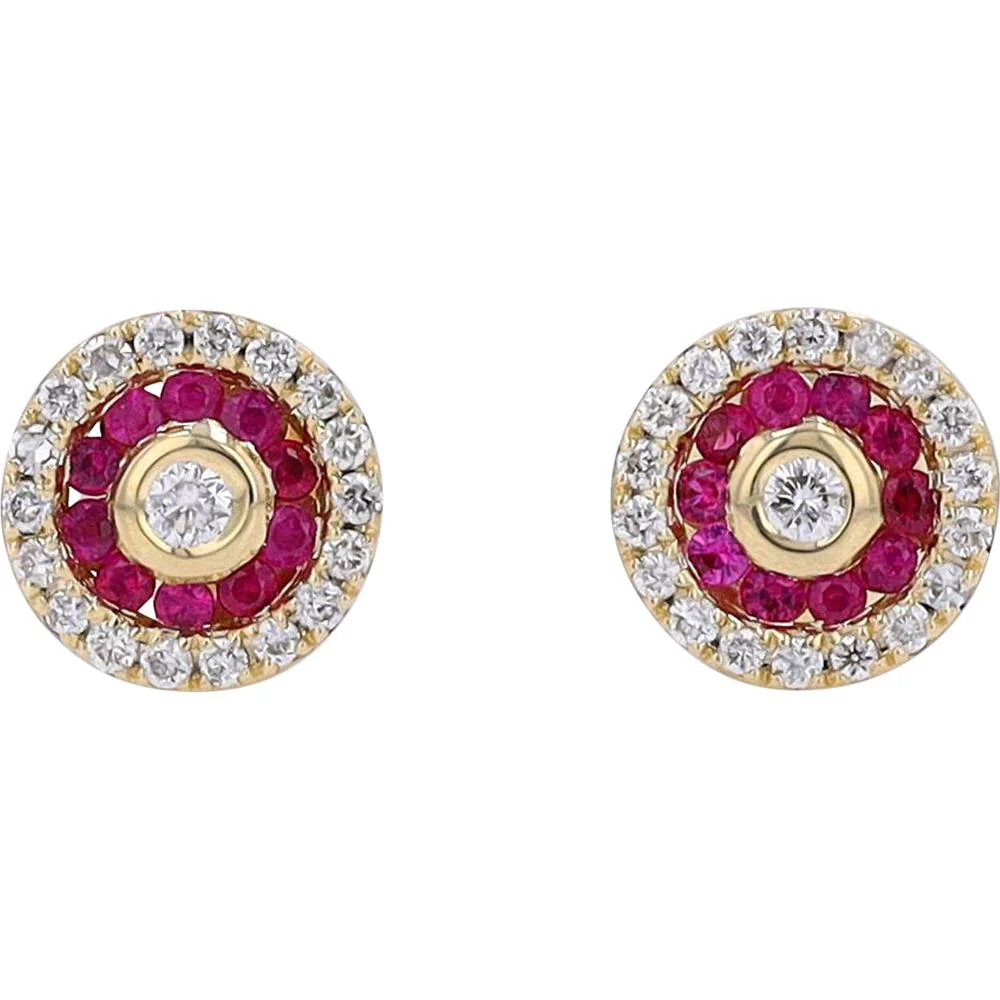 14K Yellow Gold Ruby & Diamond Halo Stud Earrings - 0.20 Carat Total Ruby / 0.25 Carat Total Diamond