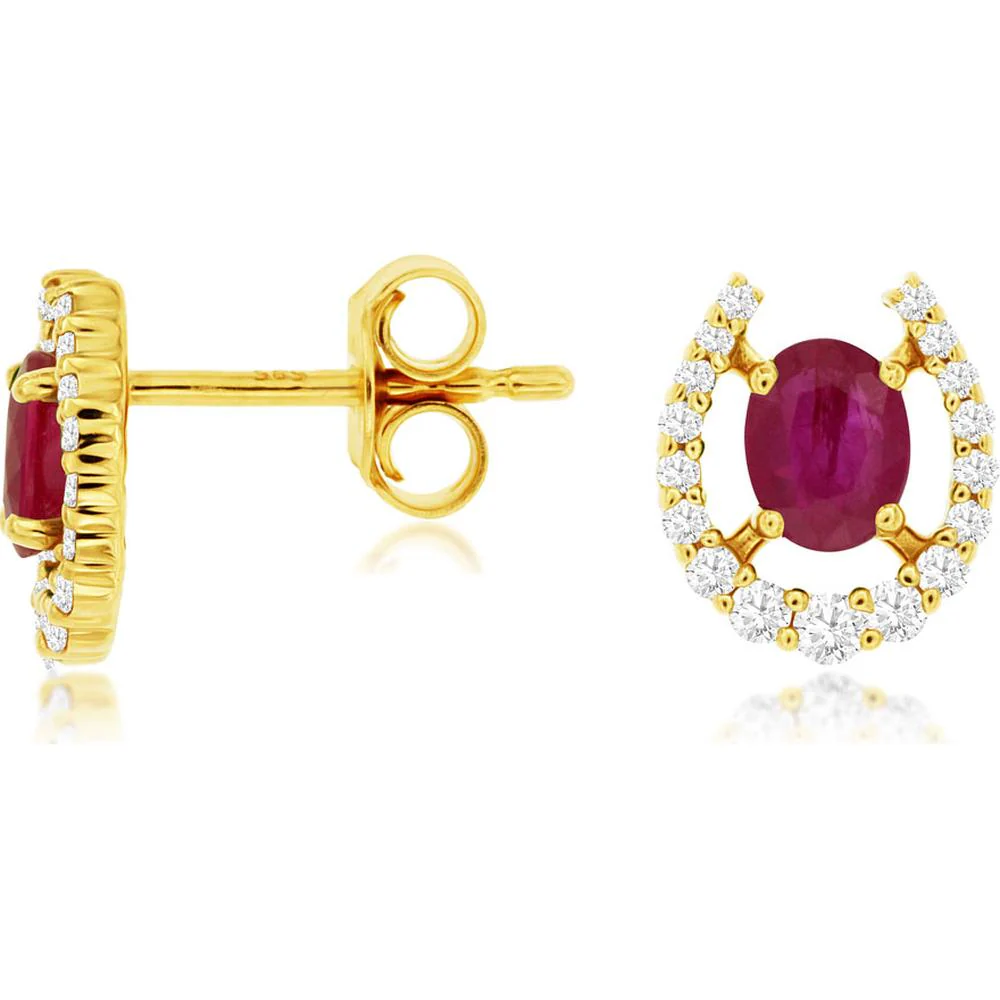 14K Yellow Gold Ruby and Diamond Halo Stud Earrings - 0.82 Carat Total Ruby Weight, 0.25 Carat Total Diamond Weight - Royal Jewelry