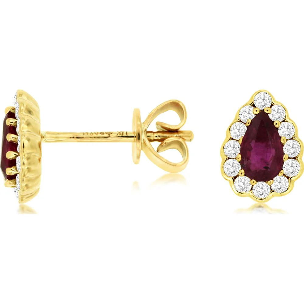 14K Yellow Gold Ruby & Diamond Halo Stud Earrings - 0.88 Carats Total Ruby and Diamond Weight - Royal Jewelry