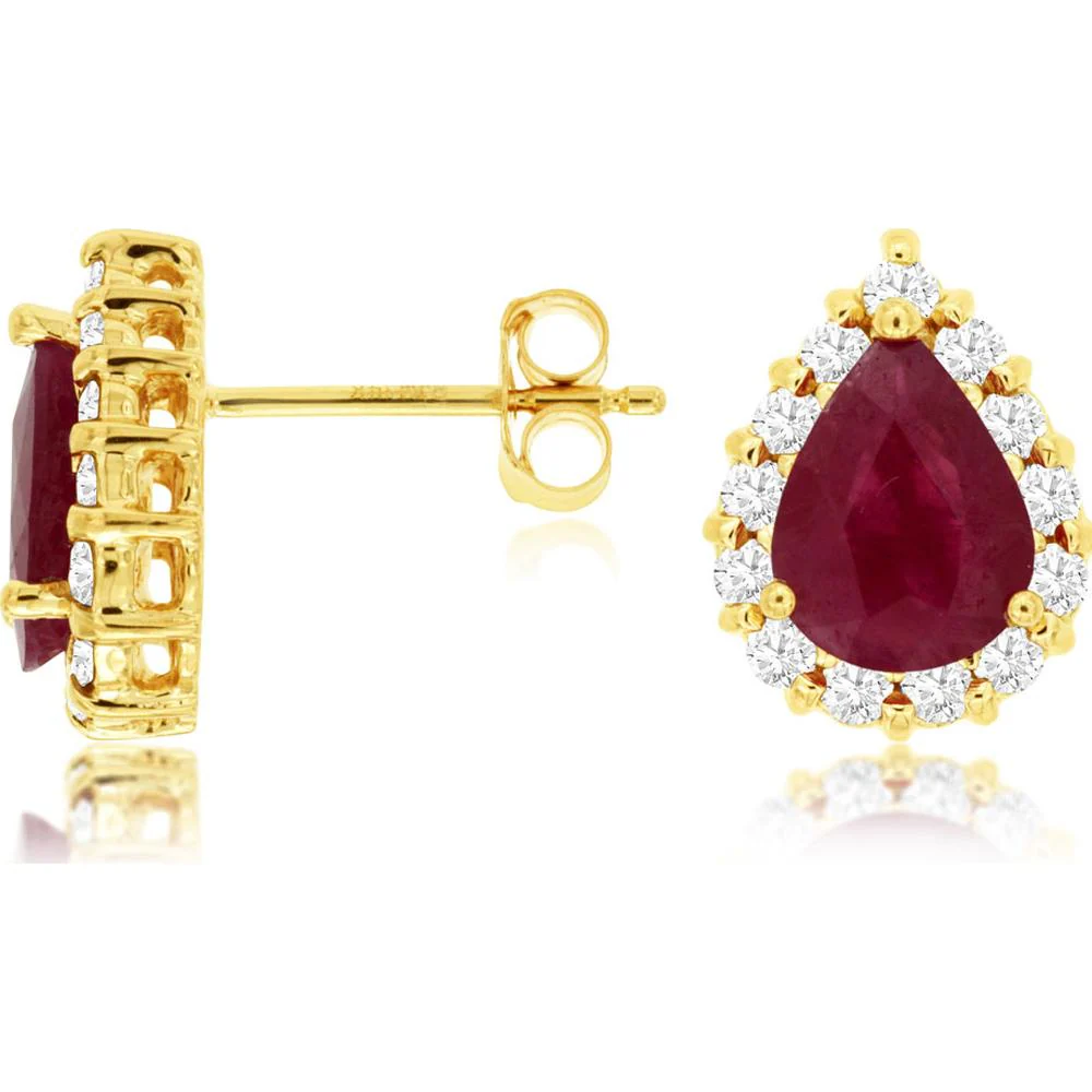 14K Yellow Gold Ruby & Diamond Halo Stud Earrings - 2.25 Carats Ruby, 0.60 Carats Total Diamond Weight - Royal Jewelry