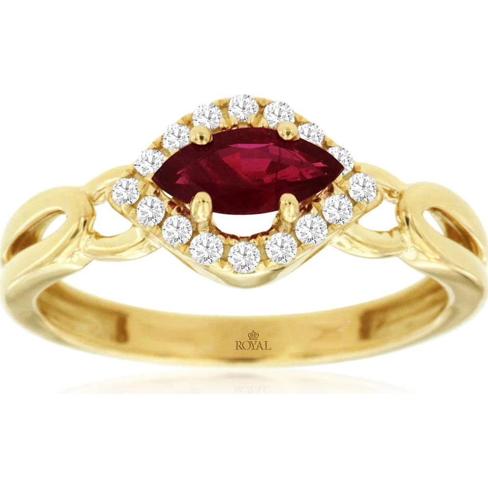 14K Yellow Gold Ruby & Diamond Marquise Ring - 0.62 Carats Ruby, 0.16 Carats Total Diamond Weight - Royal Jewelry