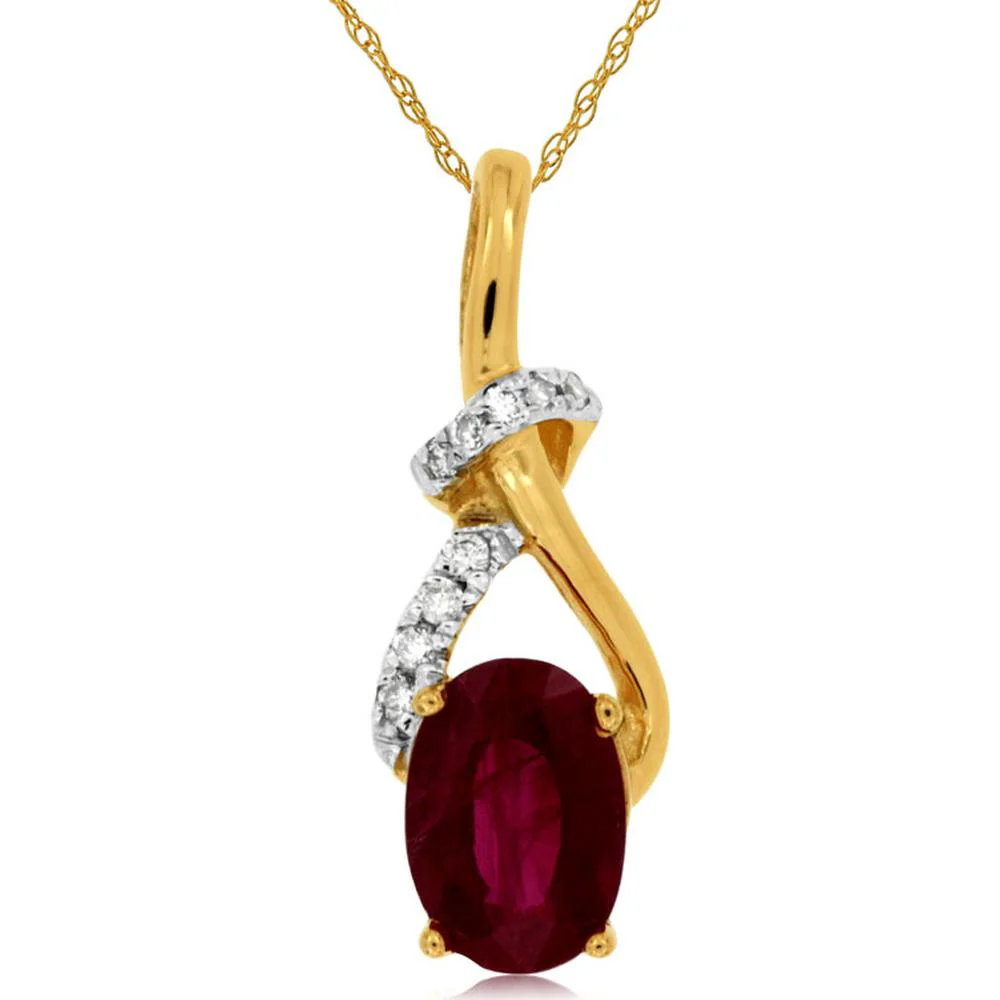 14K Yellow Gold Ruby & Diamond Oval Pendant - 0.90 Carats Ruby, 0.06 Carats Diamond Total Weight - Royal Jewelry