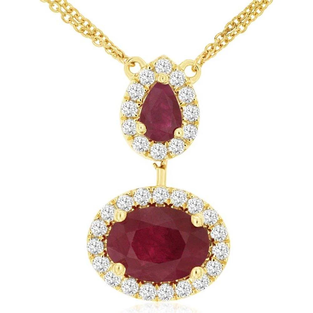14K Yellow Gold Ruby & Diamond Pendant Necklace - 3.4 Carats Ruby & 0.57 Carats Total Diamond Weight - Royal Jewelry