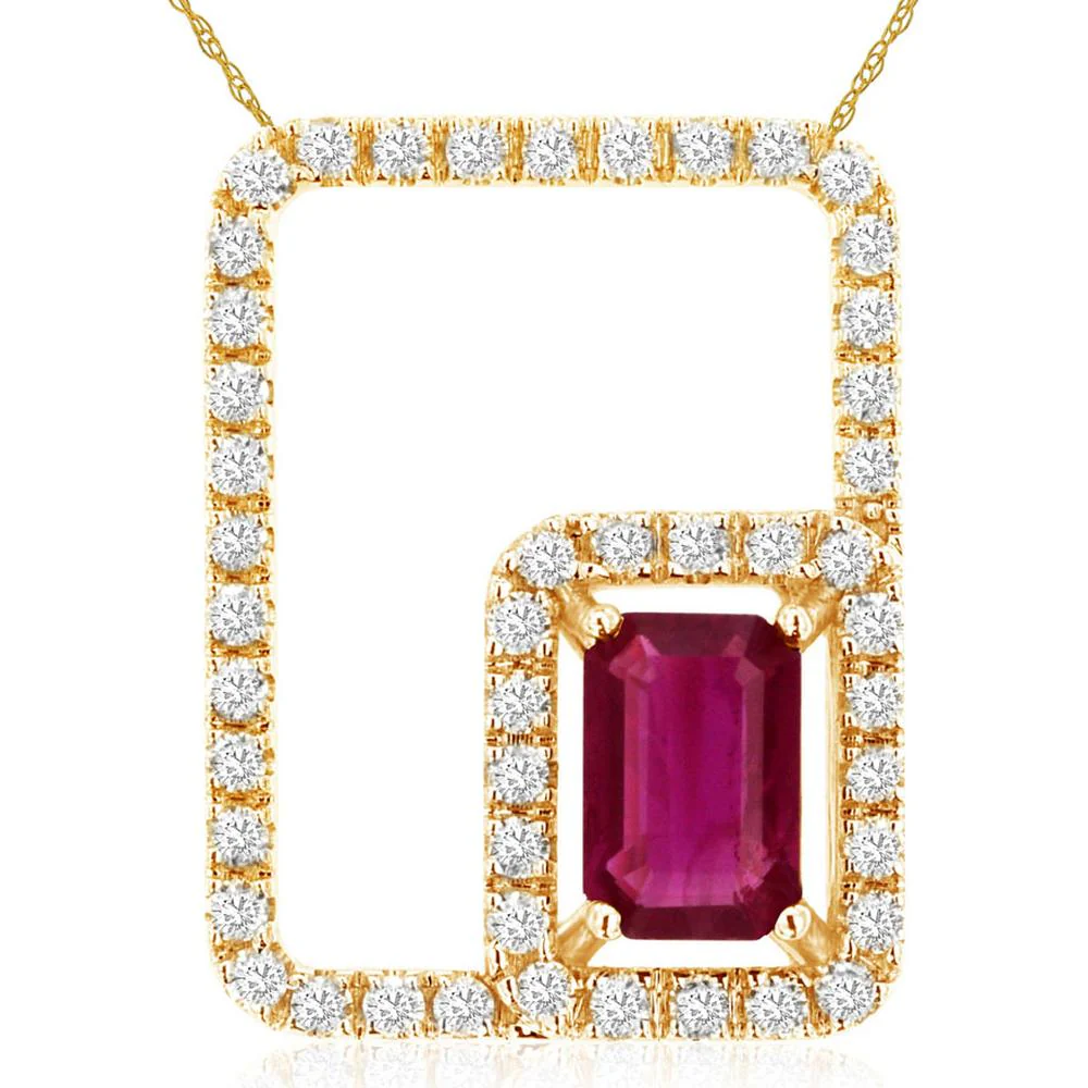 14K Yellow Gold Ruby & Diamond Pendant with Emerald Cut Ruby - 0.63 Carats Ruby, 0.33 Carats Total Diamond Weight - Royal Jewelry