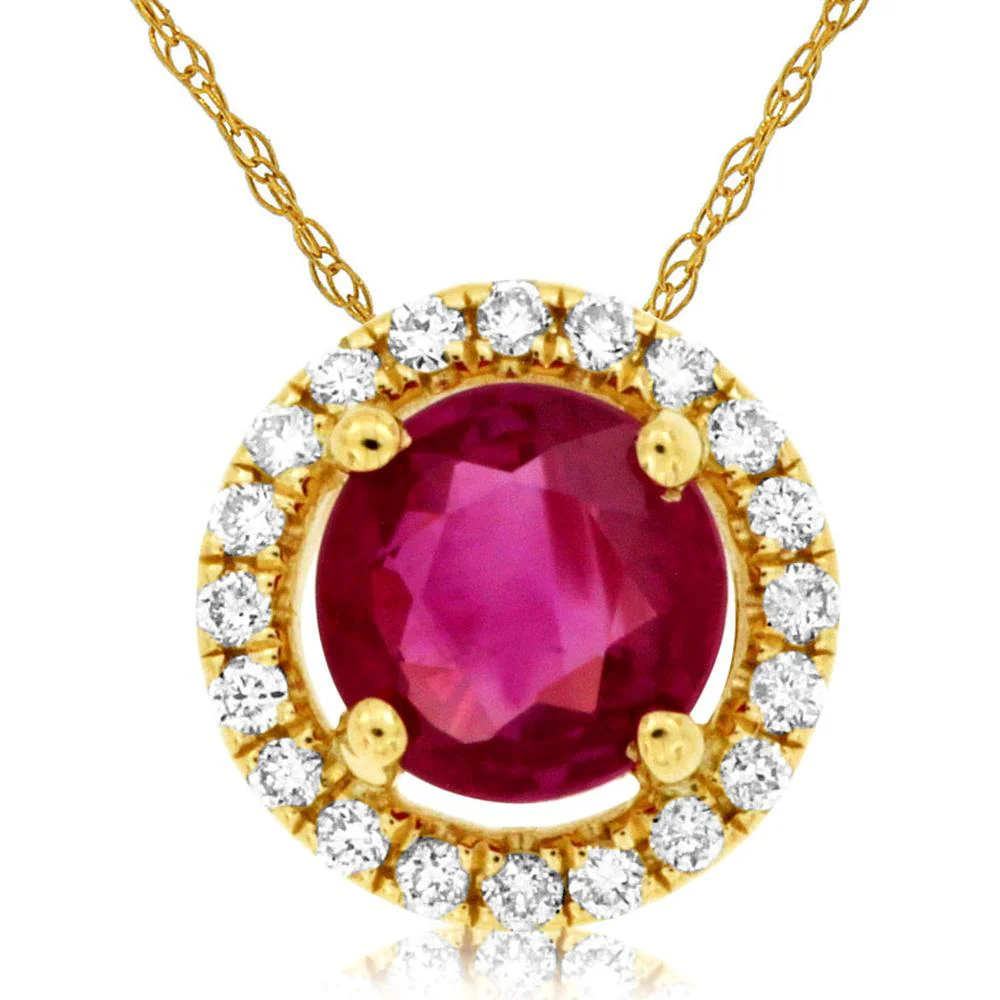 14K Yellow Gold Ruby & Diamond Pendant with Milgrain Halo - 0.47 Carats Ruby, 0.08 Carats Total Diamond Weight - Royal Jewelry