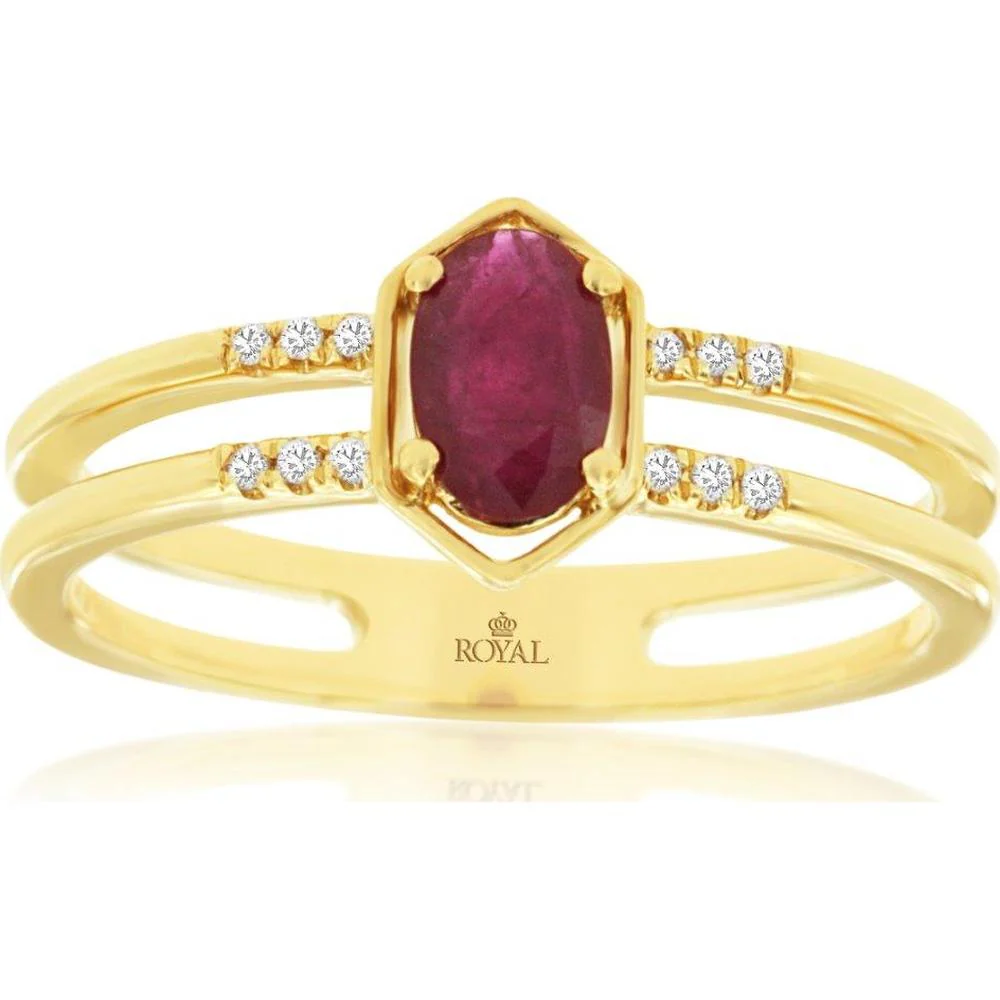 14K Yellow Gold Ruby & Diamond Ring - 0.57 Carats Ruby, 0.04 Carats Total Diamond Weight - Royal Jewelry