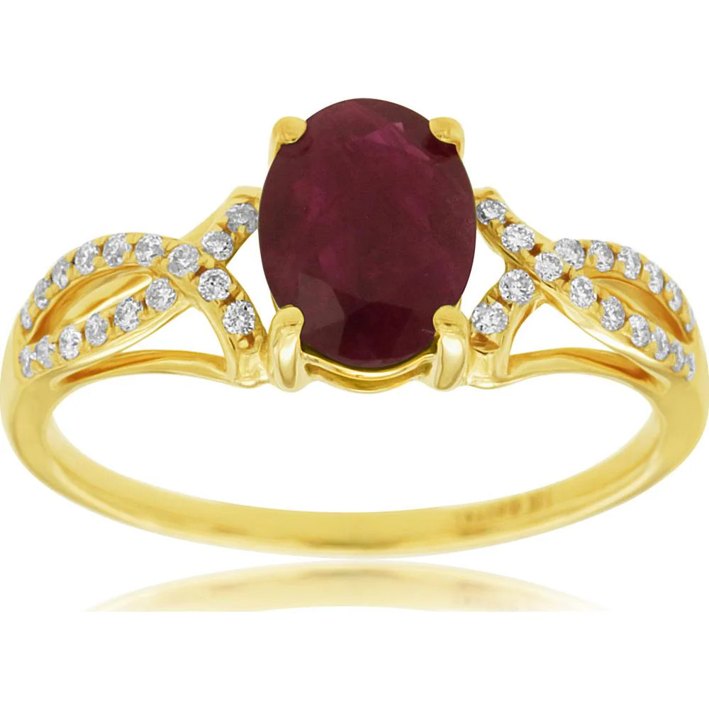 14K Yellow Gold Ruby & Diamond Ring with 1.22 Carats Oval Ruby and 0.14 Carats Diamond Accent - Royal Jewelry