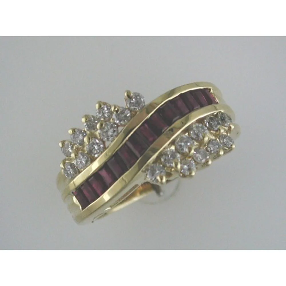 14K Yellow Gold Ruby & Diamond Ring with Baguette Rubies and Round Diamonds - 1.70 Carats Total Weight - Royal Jewelry