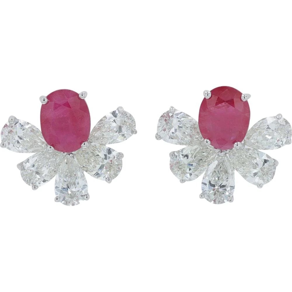 14K Yellow Gold Ruby and Pear - Shaped Diamond Stud Earrings - 0.85 Carat Ruby, 1.30 Carat Total Diamond Weight