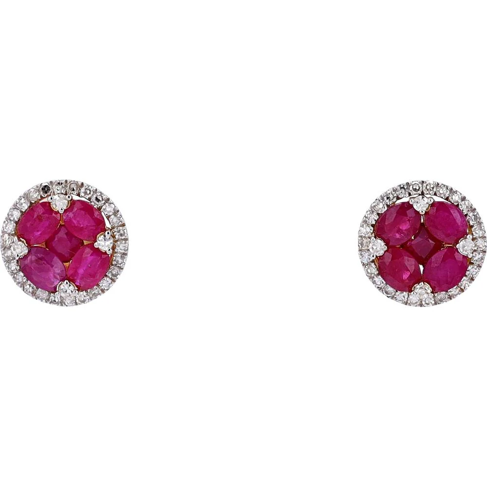 14K Yellow Gold Ruby Cluster Halo Stud Earrings with 0.36 Carat Total Diamond Weight