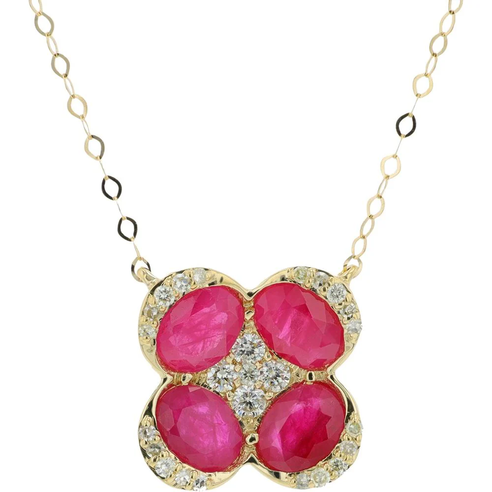 14K Yellow Gold Ruby Necklace with Prong - Set Diamond Halo - 1.50 Carat Total Ruby Weight, 0.20 Carat Total Diamond Weight