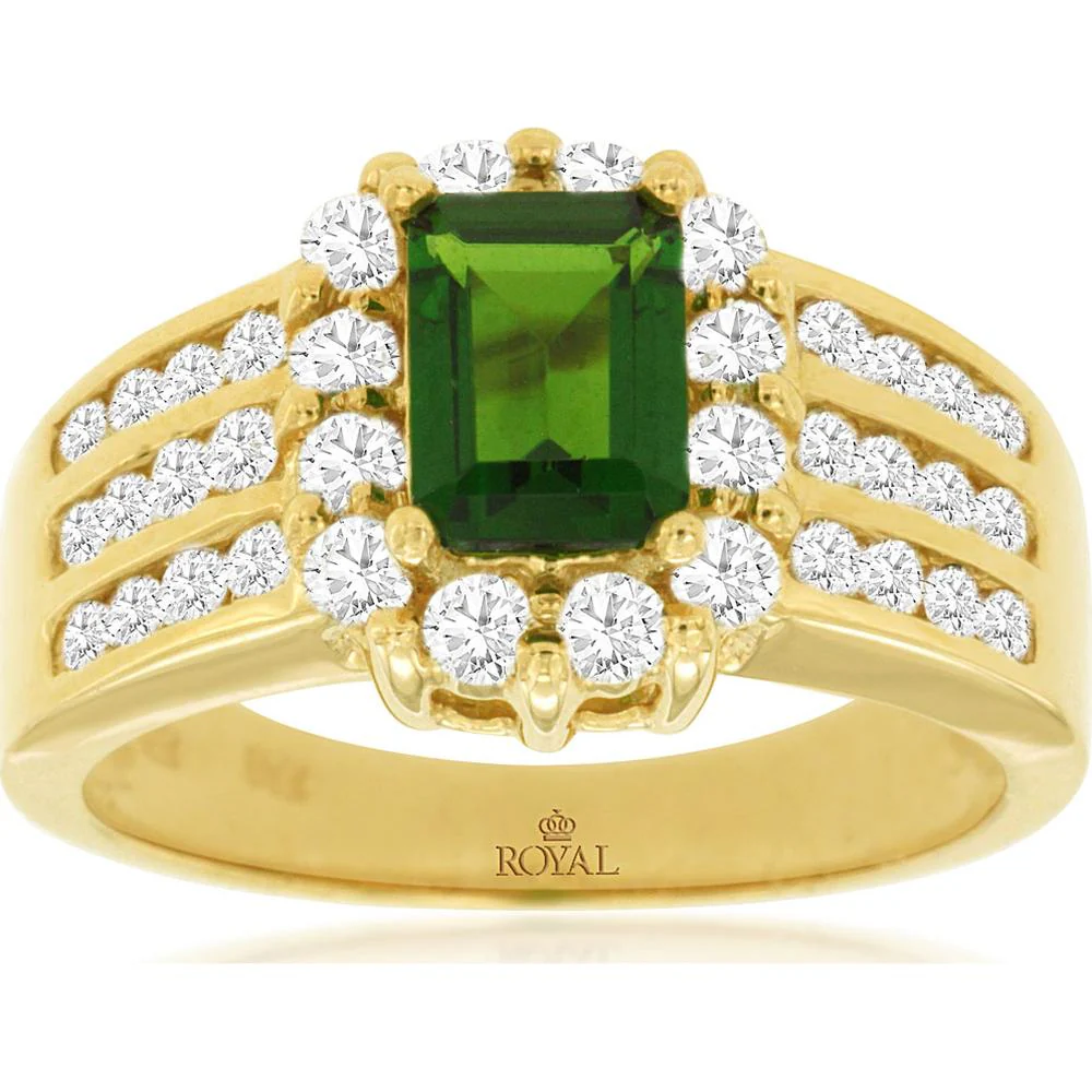 14K Yellow Gold Russalite & Diamond Halo Ring with Emerald Cut Russalite - 2.00 Carats Total Gem Weight - Royal Jewelry