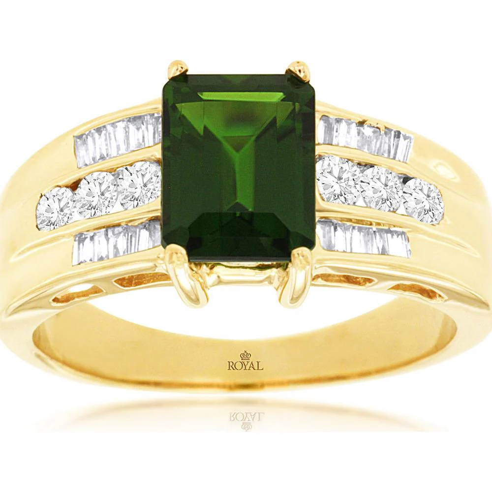 14K Yellow Gold Russalite & Diamond Ring with Emerald Cut Russalite - 1.60 Carats Total Gem Weight - Royal Jewelry