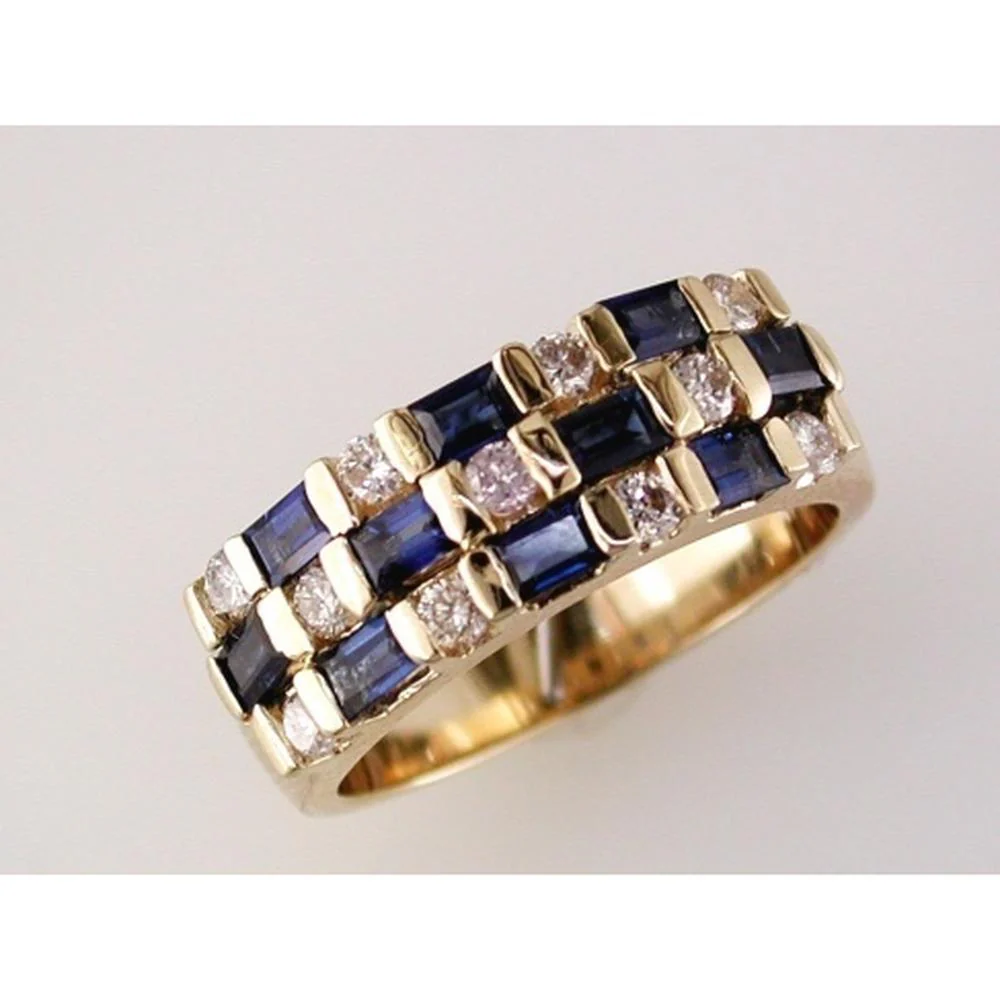 14K Yellow Gold Sapphire & Diamond Band Ring with Baguette Sapphires & Round Diamonds - 1.63 Carats Total Weight - Royal Jewelry
