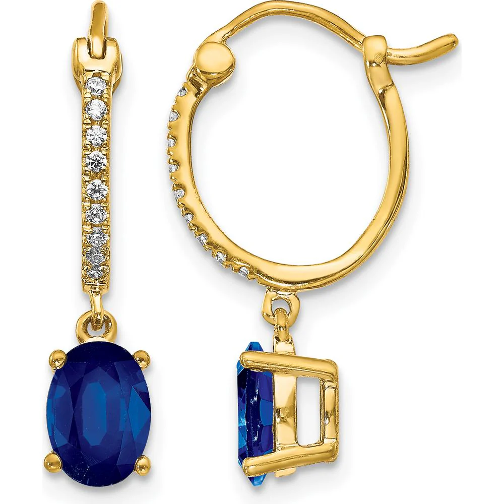 14K Yellow Gold Sapphire and Diamond Dangle Hoop Earrings - 0.75 Carat Total Sapphire Weight, 0.005 Carat Total Diamond Weight by Monteluci Fine Jewelry
