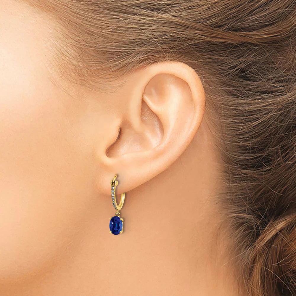 14K Yellow Gold Sapphire and Diamond Dangle Hoop Earrings - 0.75 Carat Total Sapphire Weight, 0.005 Carat Total Diamond Weight by Monteluci Fine Jewelry - Image 3