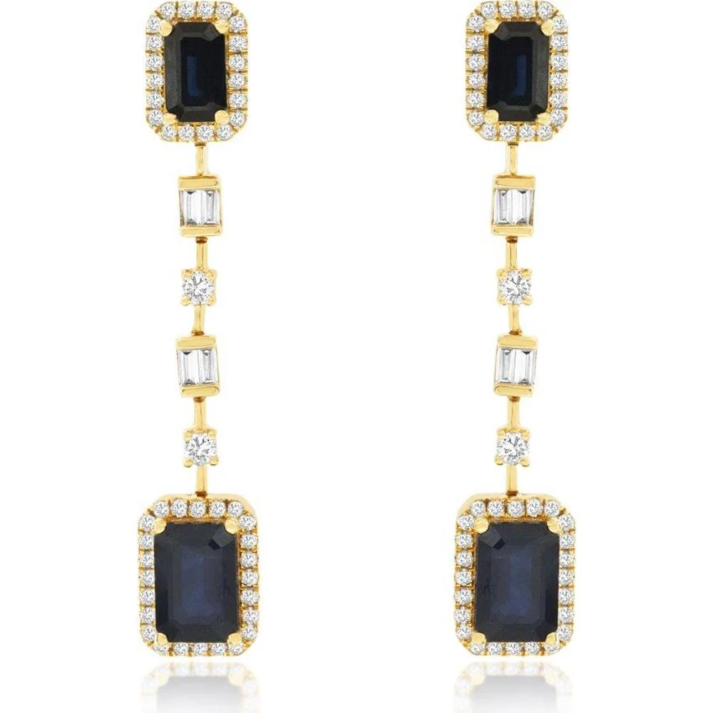 14K Yellow Gold Sapphire and Diamond Drop Earrings with Emerald-Cut Halo Design and Baguette Accents - 2.15 Carat Total Sapphire Weight, 0.32 Carat Total Diamond Weight - Royal Jewelry