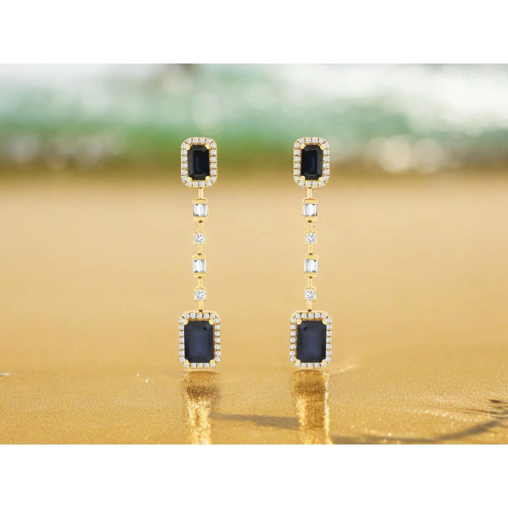 14K Yellow Gold Sapphire and Diamond Drop Earrings with Emerald-Cut Halo Design and Baguette Accents - 2.15 Carat Total Sapphire Weight, 0.32 Carat Total Diamond Weight - Royal Jewelry - Image 2