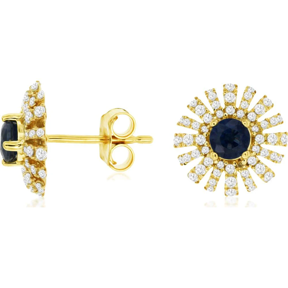 14K Yellow Gold Sapphire & Diamond Halo Earrings - 0.70 Carats Total Sapphire Weight, 0.45 Carats Total Diamond Weight - Royal Jewelry