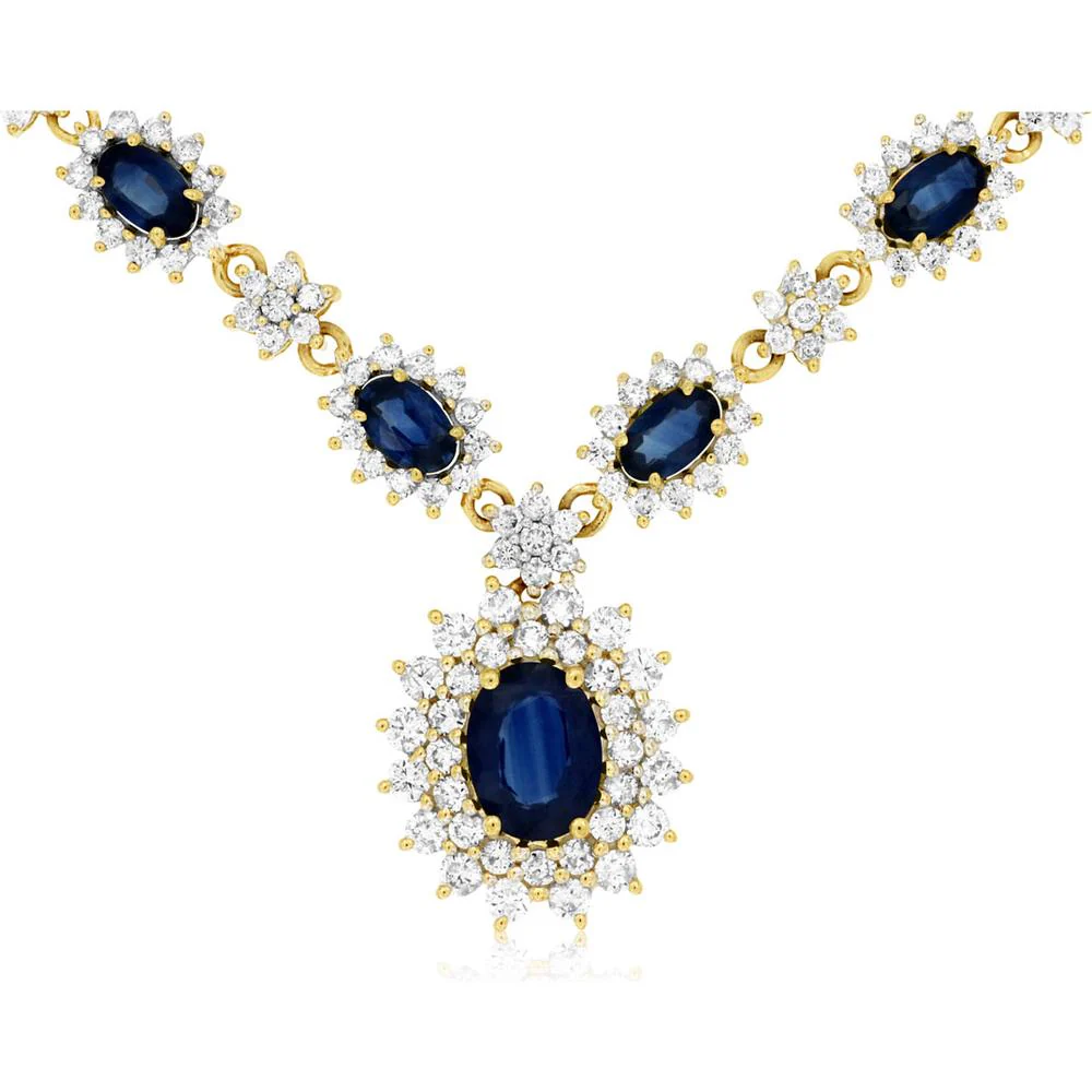 14K Yellow Gold Sapphire & Diamond Halo Necklace - 6.90 Carats Total Gem Weight - Royal Jewelry