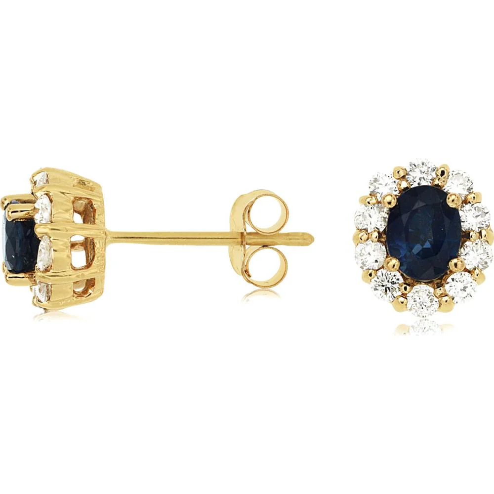 14K Yellow Gold Sapphire & Diamond Halo Studs - 0.90 Carats Total Sapphire & Diamond Weight - Royal Jewelry