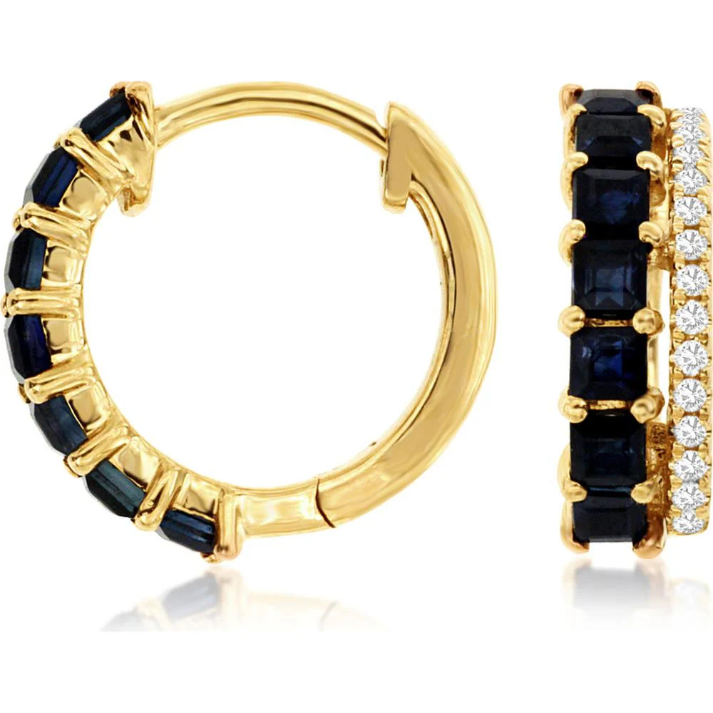14K Yellow Gold Sapphire & Diamond Hoop Earrings - 1.54 Carats Total Gem Weight - Royal Jewelry
