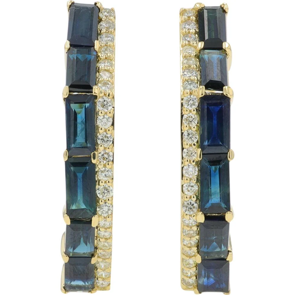 14K Yellow Gold Sapphire and Diamond Hoop Earrings - 2.20 Carat Total Sapphire Weight, 0.25 Carat Total Diamond Weight - Image 2