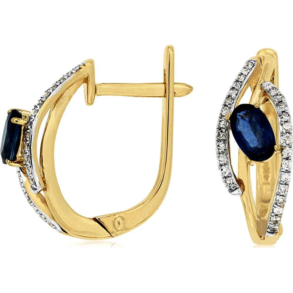 14K Yellow Gold Sapphire & Diamond Oval Huggie Earrings - 0.60 Carats Total Sapphire Weight, 0.16 Carats Total Diamond Weight - Royal Jewelry