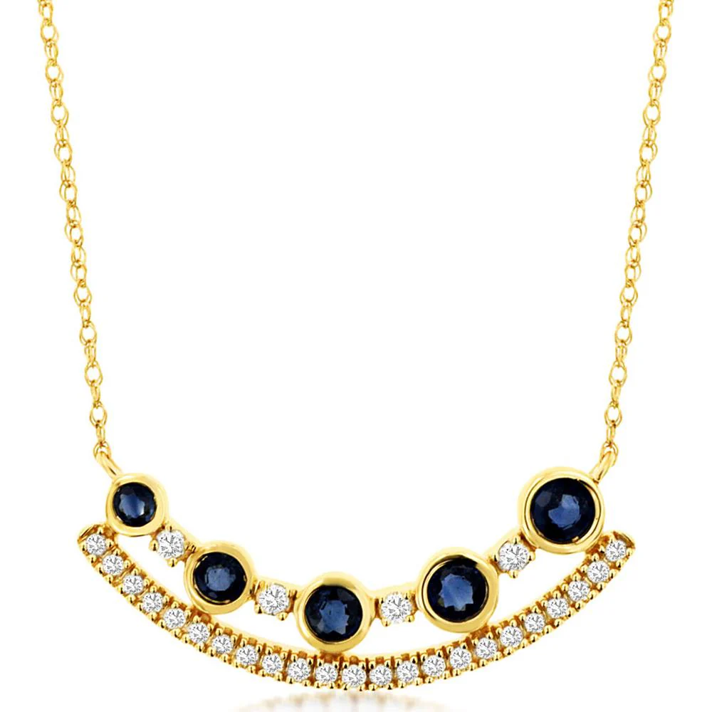 14K Yellow Gold Sapphire and Diamond Pendant Necklace - 0.57 Carats Total Sapphire Weight, 0.16 Carats Total Diamond Weight - Royal Jewelry